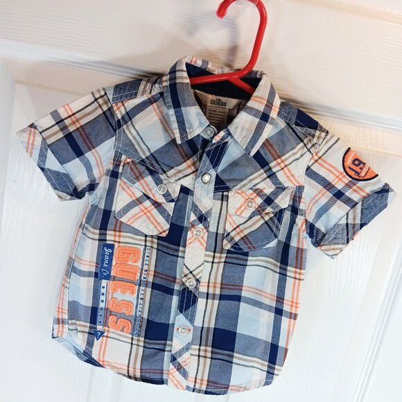 Guess NWOT Boy's Blue Orange Plaid Button Down Short Sleeve Shirt Size 18M - Picture 14 of 16